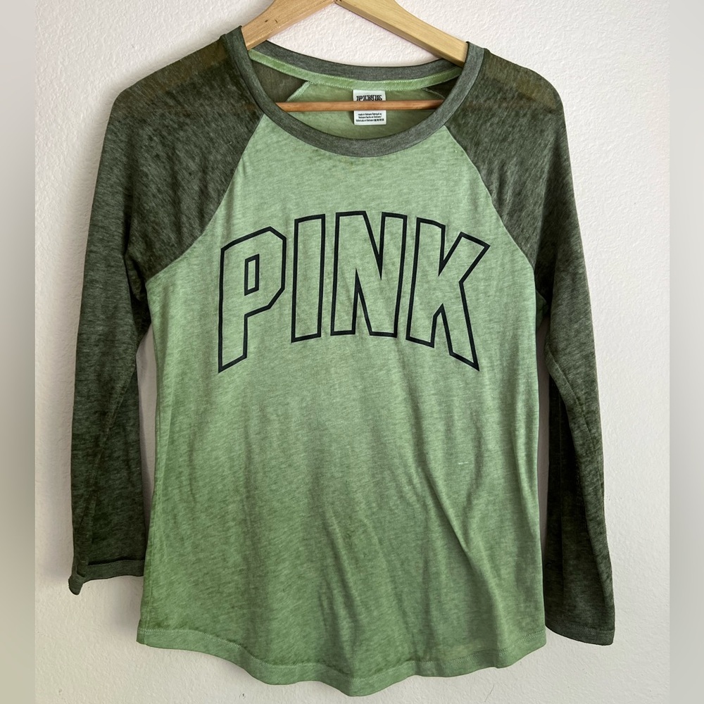 PINK Victoria's Secret Olive Green Shades Baseball Long  Sleeve Tee